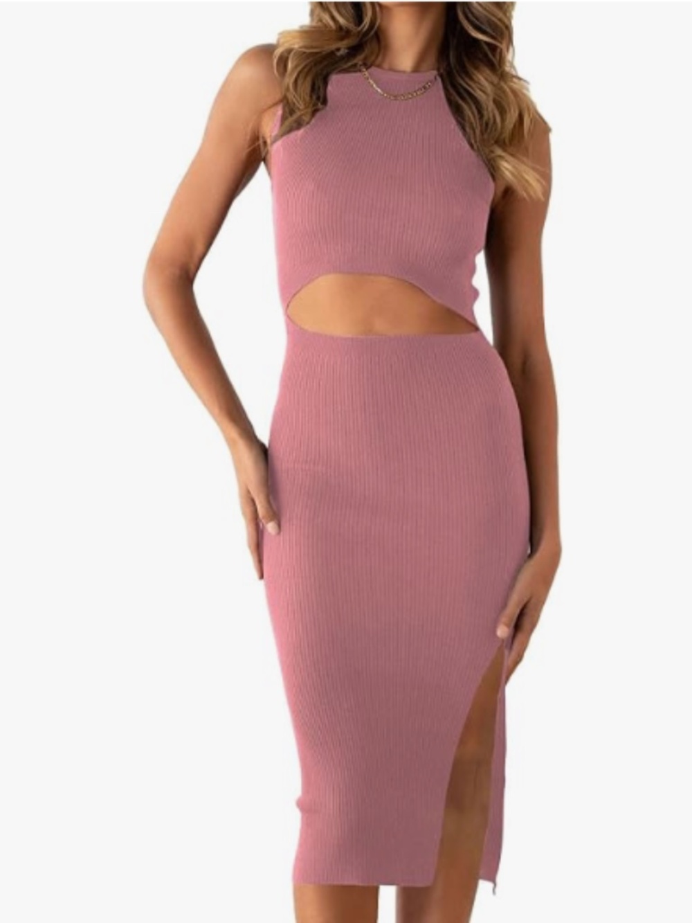 Pink Ribbed Cutout Midi Dress – Side Slit Bodycon Dress Size Medium NWT